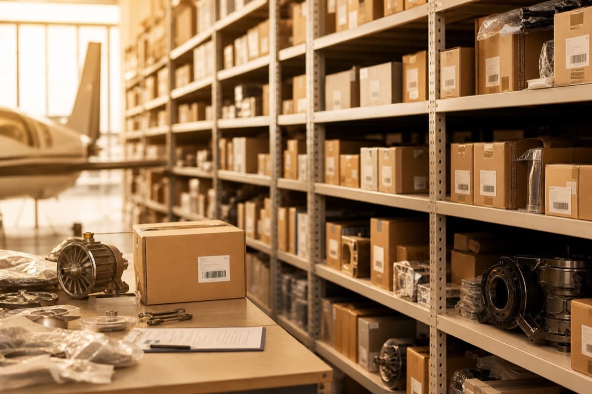 Organized warehouse shelves and packing station for aviation supplies