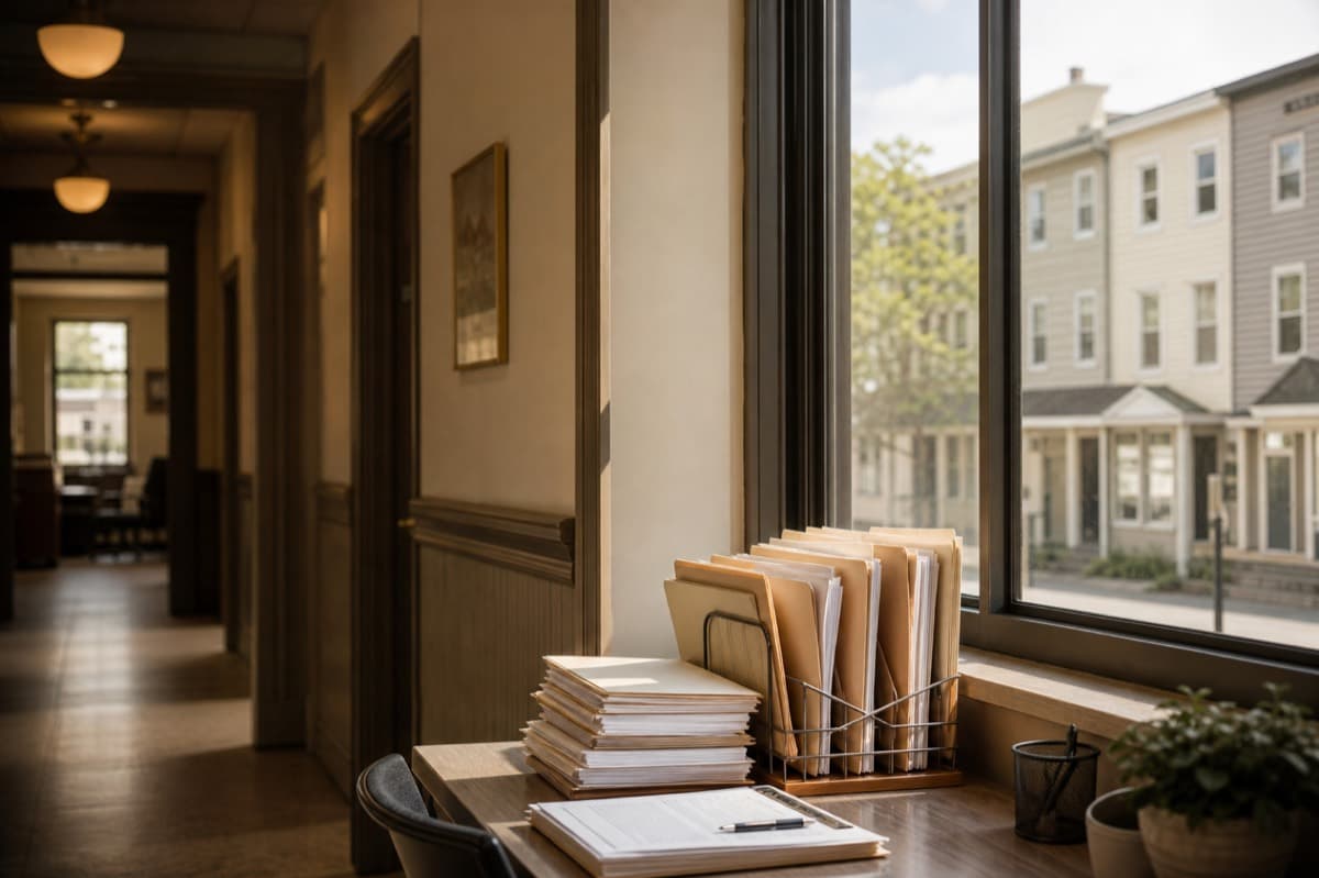 Housing program office desk with a view of residential buildings