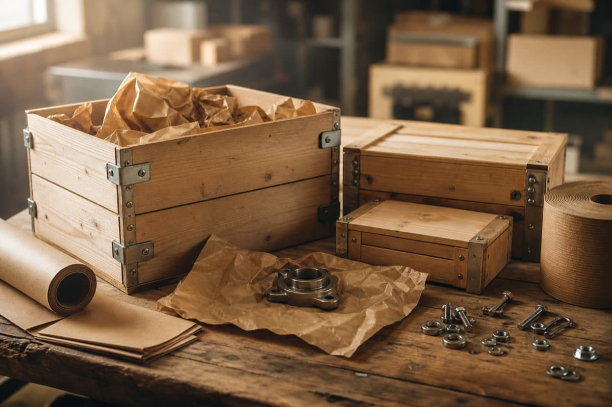 Packaging materials and crates on an industrial workbench